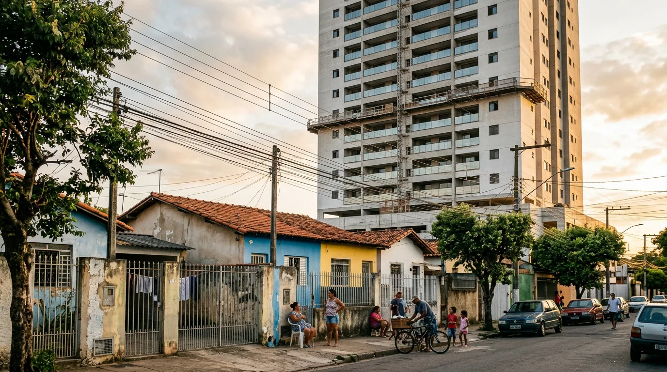 Edifício novo de grande porte implantado ao lado de casas baixas em rua residencial brasileira, contraste de escala que o estudo de impacto de vizinhança precisa medir