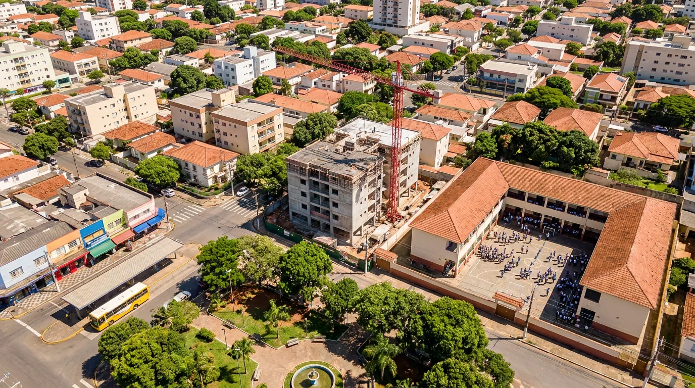 Rua residencial brasileira vista de cima com quadras, escola e comércio no entorno de um lote em obra, área de vizinhança avaliada pelo EIV